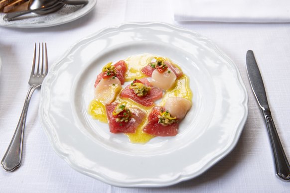 Raw tuna, anchovy, green olive and smoked chilli at Gimlet.