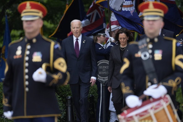 President Joe Biden and Vice President Kamala Harris arrive for an Armed Forces Full Honors Wreath Ceremony at the Tomb of the Unknown Soldier at Arlington National Cemetery in Arlington, Va., on Memorial Day, Monday.
