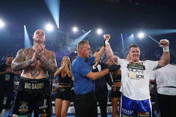 Paul Gallen, right, rated his victory over Lucas Browne, left, as one of the highlights of his career.