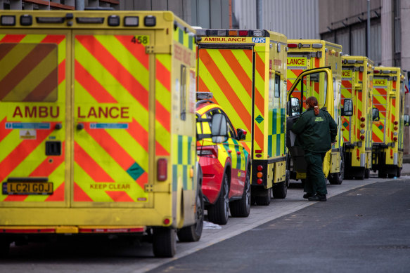 Ambulances queue up outside the Royal London Hospital on Friday.