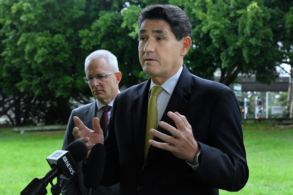 NSW Corrections Minister and Parramatta MP Geoff Lee appears alongside federal Urban Infrastructure Minister Paul Fletcher on Tuesday.  