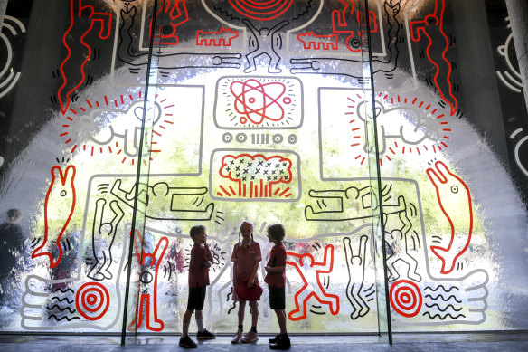 Keith Haring's shortlived 1980s waterwall mural at the NGV was recreated for the Haring/Basquiat summer exhibition.
