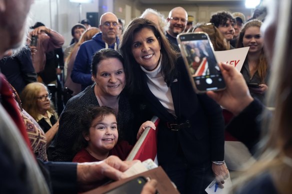 Nikki Haley poses for a selfie after speaking at a campaign event in South Burlington, Vermont, on Sunday.