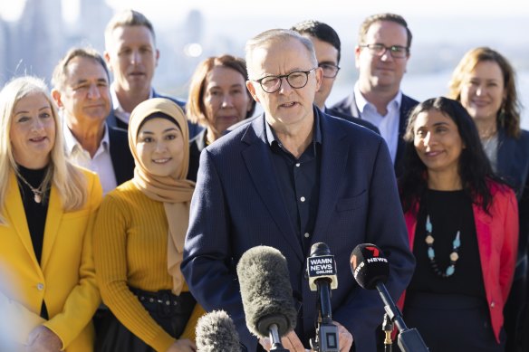 A picture of diversity: Anthony Albanese flanked by Labor’s WA MPs and senators in Perth.