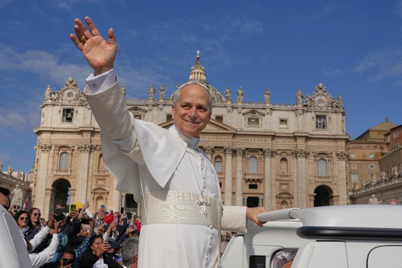 Pope Leo XIV on his popemobile tours St Peter’s Square at the Vatican prior to his inauguration Mass. 