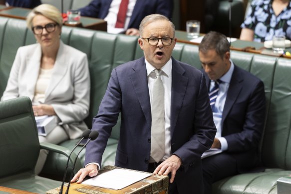Prime Minister Anthony Albanese speaks during question time today.