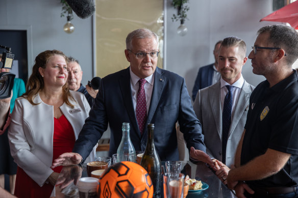 Prime Minister Scott Morrison in Ipswich promising money for a second river crossing and for the Ripley Valley Football Club.