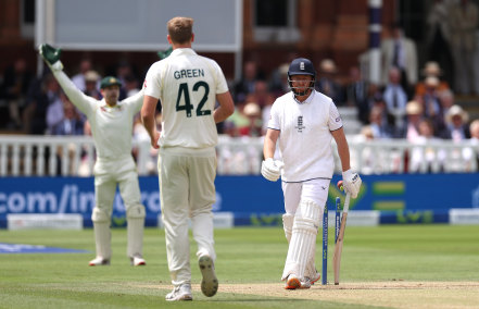 Alex Carey appeals for Bairstow’s wicket at Lord’s.
