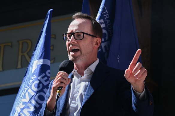 Greens senator David Shoebridge speaks to the crowd of supporters on Tuesday.