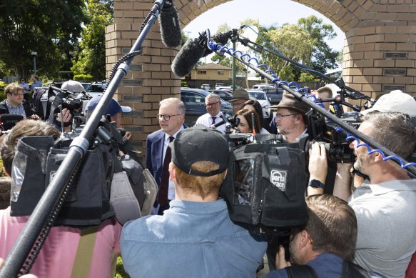 Anthony Albanese addressing the media today. 