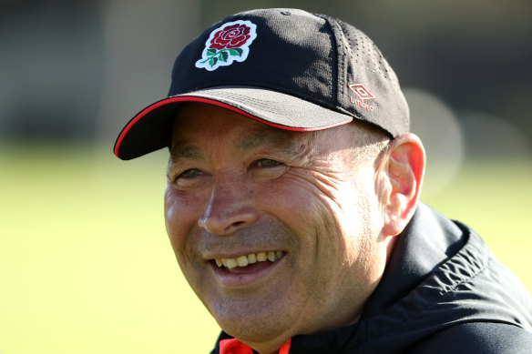 Eddie Jones laughing at England training in Perth.