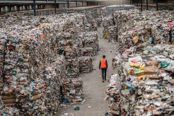 Mounting up: Bales of recycling waste at an SKM warehouse in Melbourne before the company collapsed.