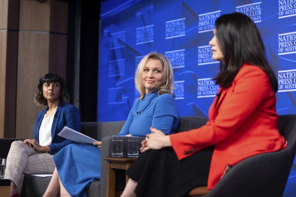 Dr Aruna Sathanapally, CEO of the Grattan Institute, Dr Angela Jackson, National Chair of the Women in Economics Network, and Besa Deda, Chief Economist of Westpac’s Business Bank at the Nationa Press Club on Wednesday.