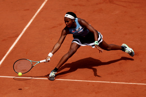 Coco Gauff’s forehand had a wobble in the first set against Rebeka Masarova before recovering.