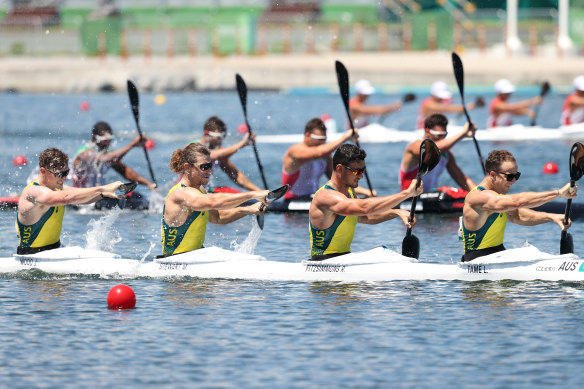 Lachlan Tame, Riley Fitzsimmons, Murray Stewart and Jordan Wood of Team Australia competes during the Men’s Kayak Four on Friday.