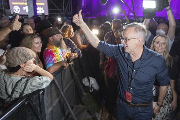 Anthony Albanese, with partner Jodie Haydon, received a rock star reception at Bluesfest on Sunday night