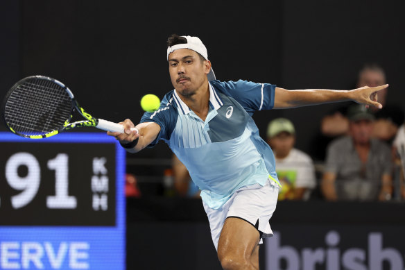 Jason Kubler plays a shot in his match against Rafael Nadal.