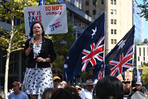 NSW government MP Tanya Davies speaks at an anti-vaccine mandate protest in Martin Place on Tuesday.