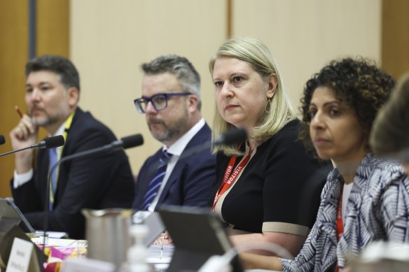 Acting managing director of the ABC Melanie Kleyn, second from right, at Tuesday’s parliamentary hearing.