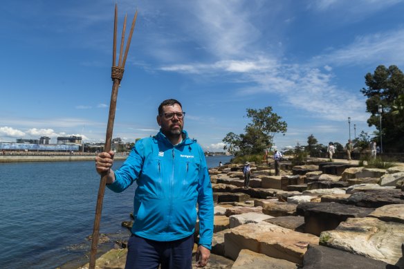 Barangaroo Aboriginal Cultural Tour guide Tim Gray with a fishing spear.