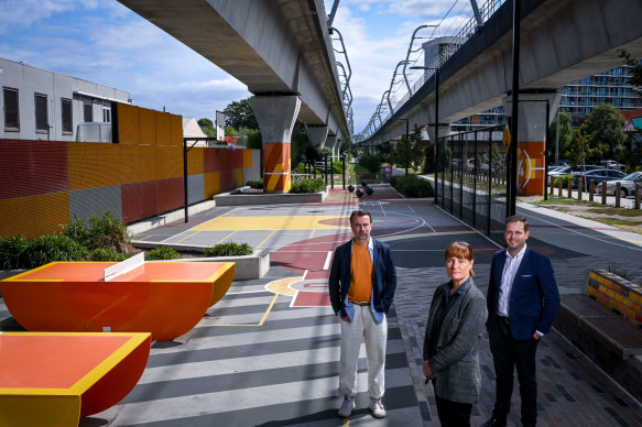 NGV curator Timothy Moore (left), Aspect Studios director Kirsten Bauer and architect Stuart Harper at the Carnegie level crossing removal project.