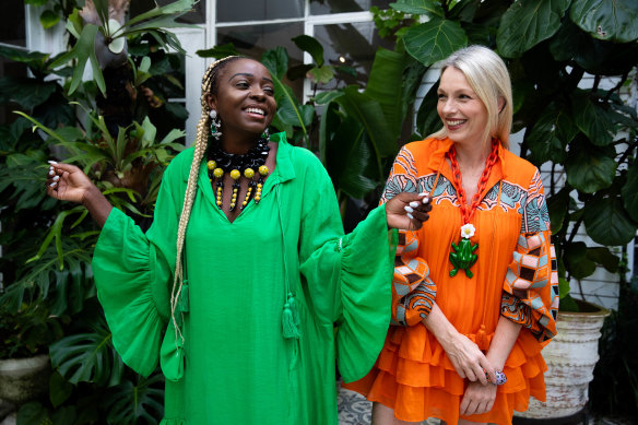 Rebecca Churn and Suzan Mutesi modelling the Iris Apfel x H&M collection celebrating senior style in Sydney. 