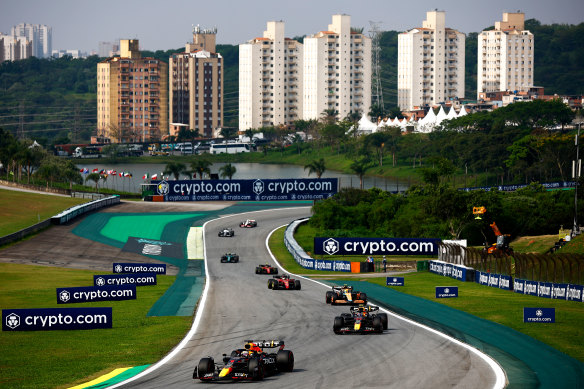 Max Verstappen leads Sergio Perez in Brazil.