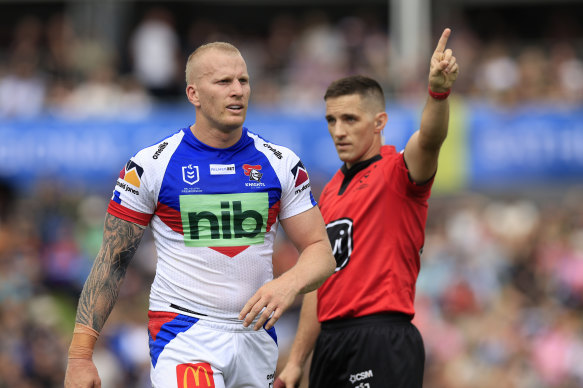 Mitchell Barnett is sent off by referee Peter Gough.