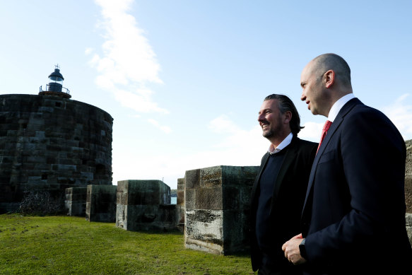 NSW Environment Minister Matt Kean and The Point Group chief executive Brett Robinson in front of the Martello Tower at Fort Denison on Friday.