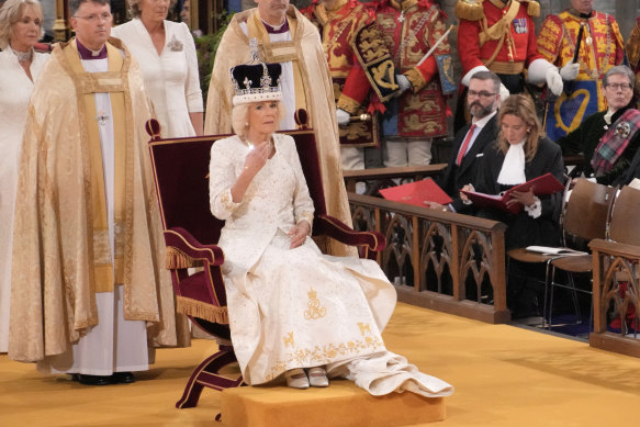 Queen Camilla is crowned with Queen Mary’s Crown during her coronation ceremony.
