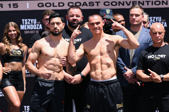 Tim Tszyu and Brian Mendoza at the weigh-in ahead of their boxing bout on the Gold Coast.