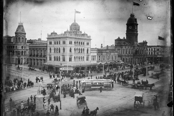 Gold rush-era boom: The intersection of Sturt and Lydiard streets in Ballarat between 1890 and 1899. 