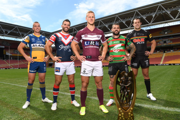 NRL captains of Sydney based teams ahead of the finals: Clint Gutherson of the Parramatta Eels, James Tedesco of the Sydney Roosters, Daly Cherry-Evans of the Manly-Warringah Sea Eagles, Adam Reynolds of the South Sydney Rabbitohs and Isaah Yeo of the Penrith Panthers.
