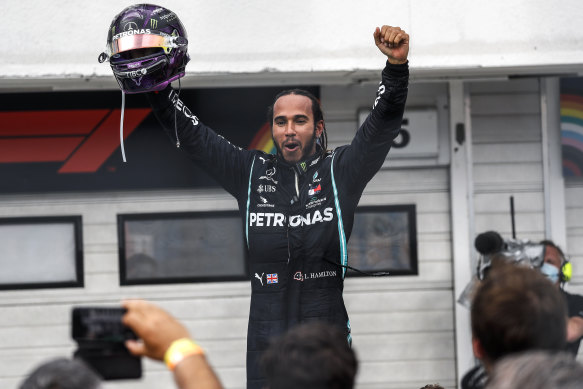 Mercedes driver Lewis Hamilton after winning the Hungarian Formula One Grand Prix at the Hungaroring racetrack in Mogyorod on Sunday.