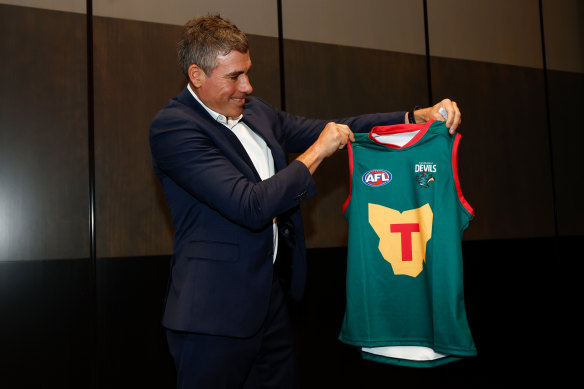 Richmond Tigers great and Devonport product Matthew Richardson at the launch of the Tasmanian AFL club’s colours, name and logo.