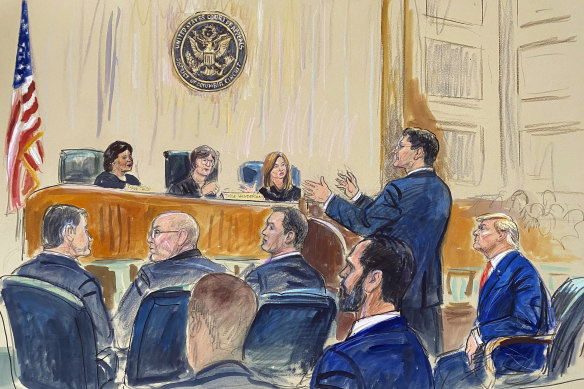 A sketch depicts Donald Trump (right) listening as his lawyer John Sauer speaks before the court.