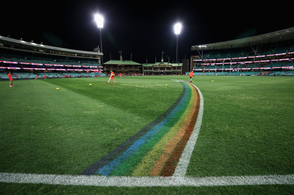 A rainbow painted on the SCG before the Sydney-St Kilda Pride match this year.