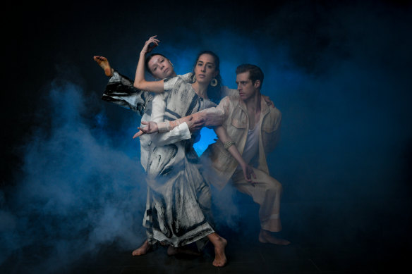 Coco Mathieson, Evie Ferris and Rohan Furnell from The Australian Ballet, dressed in clothing designed by Annette Sax and adornments created by Priscilla Reid-Loynes and Sarah Loynes.