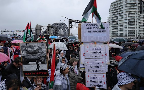Pro-Palestinian protesters march across the Sydney Harbour Bridge in August. 