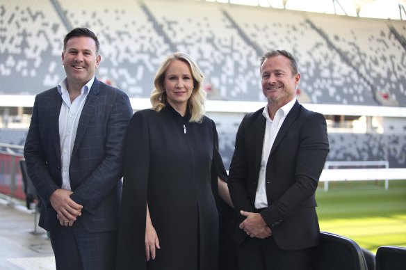 Network 10 bosses Jarrod Villani and Beverley McGarvey with Danny Townsend, the APL’s managing director.