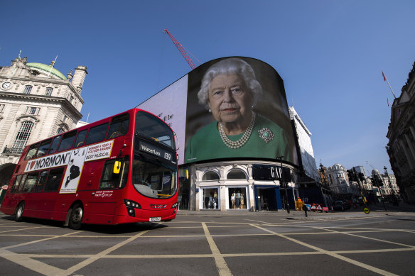 Quotes from the Queen's address to the nation have been displayed at Piccadilly Circus.