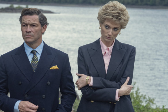 Dominic West as Prince Charles with  Elizabeth Debicki as Princess Diana in The Crown.