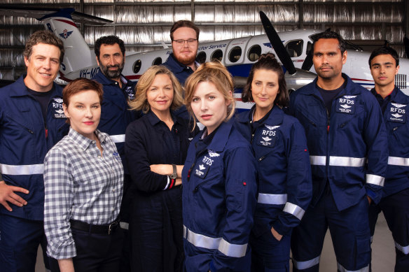 The cast of RFDS (clockwise from left): Stephen Peacocke, Rodney Afif , Jack Scott, Thomas Weatherall , Rob Collins, Ash Ricardo, Emma Hamilton, Justine Clarke,  Kate Mulvany