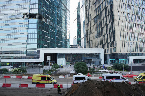 The damaged facade of an office building in Moscow after the reported drone attack on July 30.