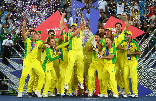 Aaron Finch’s Australians celebrate their T20 World Cup victory in the UAE last year.