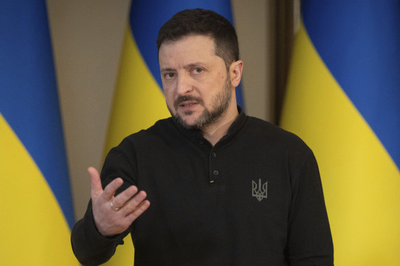 Ukrainian President Volodymyr Zelenskyy speaks during a briefing in Kyiv.