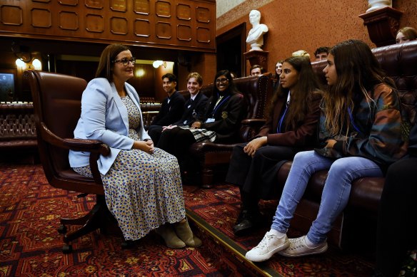 NSW Education Minister Sarah Mitchell listens to members of the Minister’s Student Council inside the Legislative Council on Wednesday. 