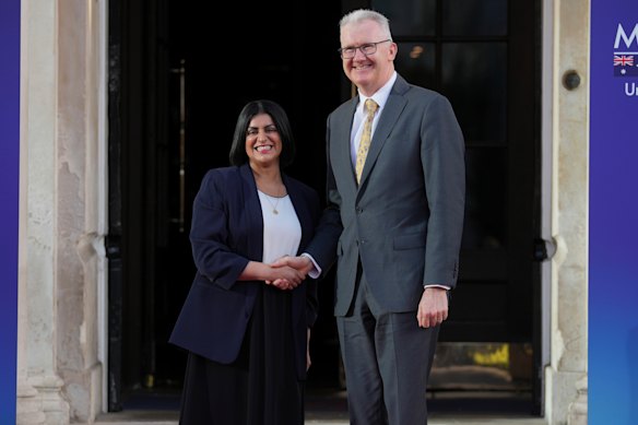 Britain’s Home Secretary Shabana Mahmood (left) greets Australia’s Minister for Home Affairs Tony Burke.