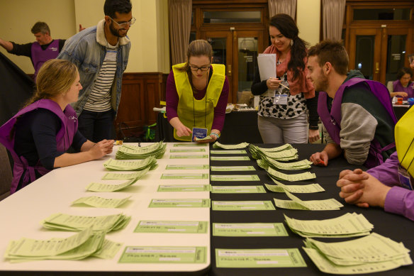 Counting House of Representatives ballots in 2019 at Old Parliament House, in Canberra.