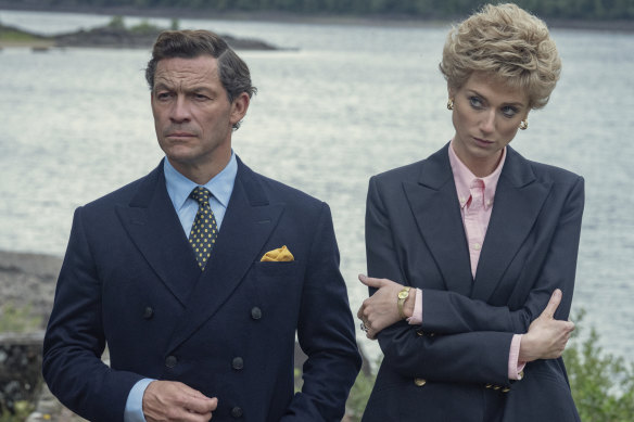 The Crown, starring Dominic West as Prince Charles and Elizabeth Debicki as Princess Diana.